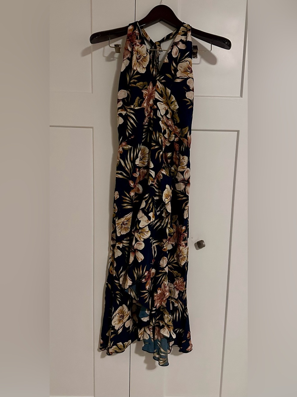JJs House Navy Floral Halter Maxi with Cream & Olive Blooms NWT L